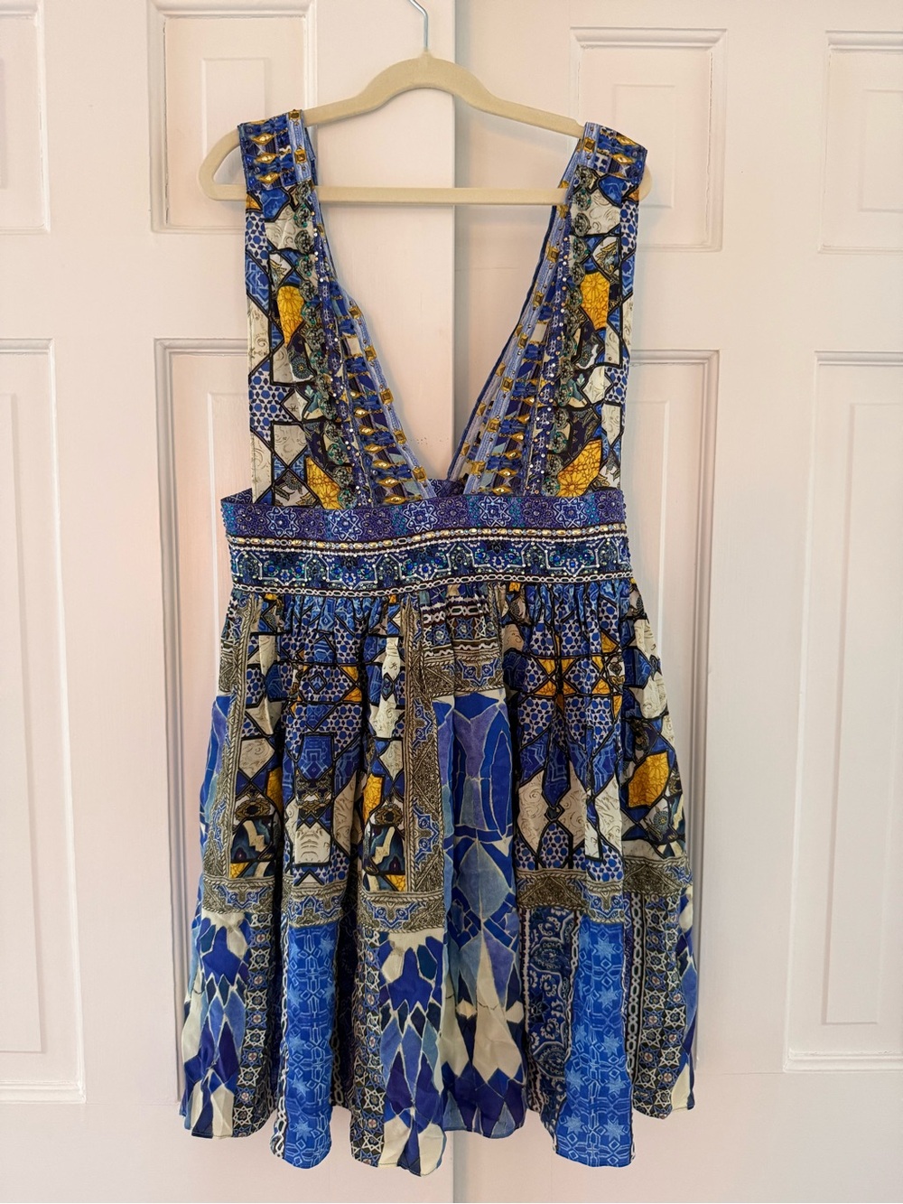 Camilla NWT Embellished Silk Mini Dress Blue Mosaic Print Size 8